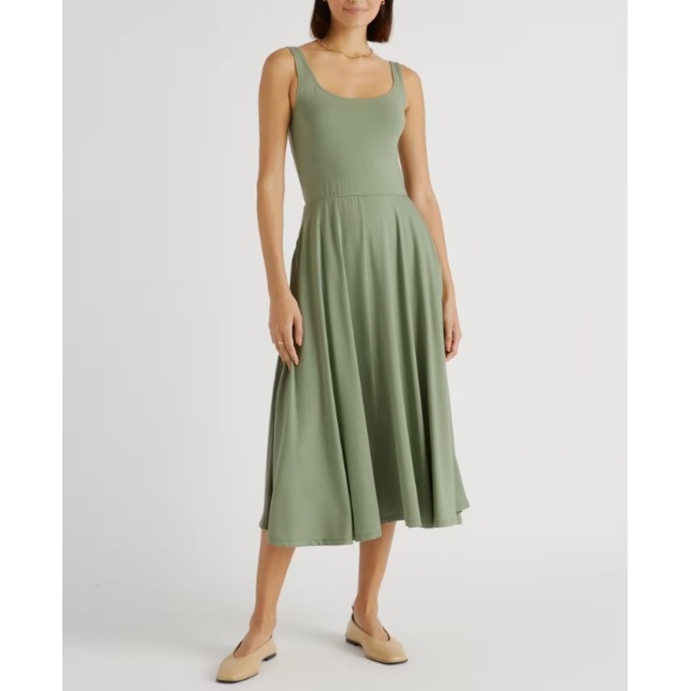 Quince Tencel Jersey Fit and Flare Midi Dress Sleeveless Green Minimalist Small